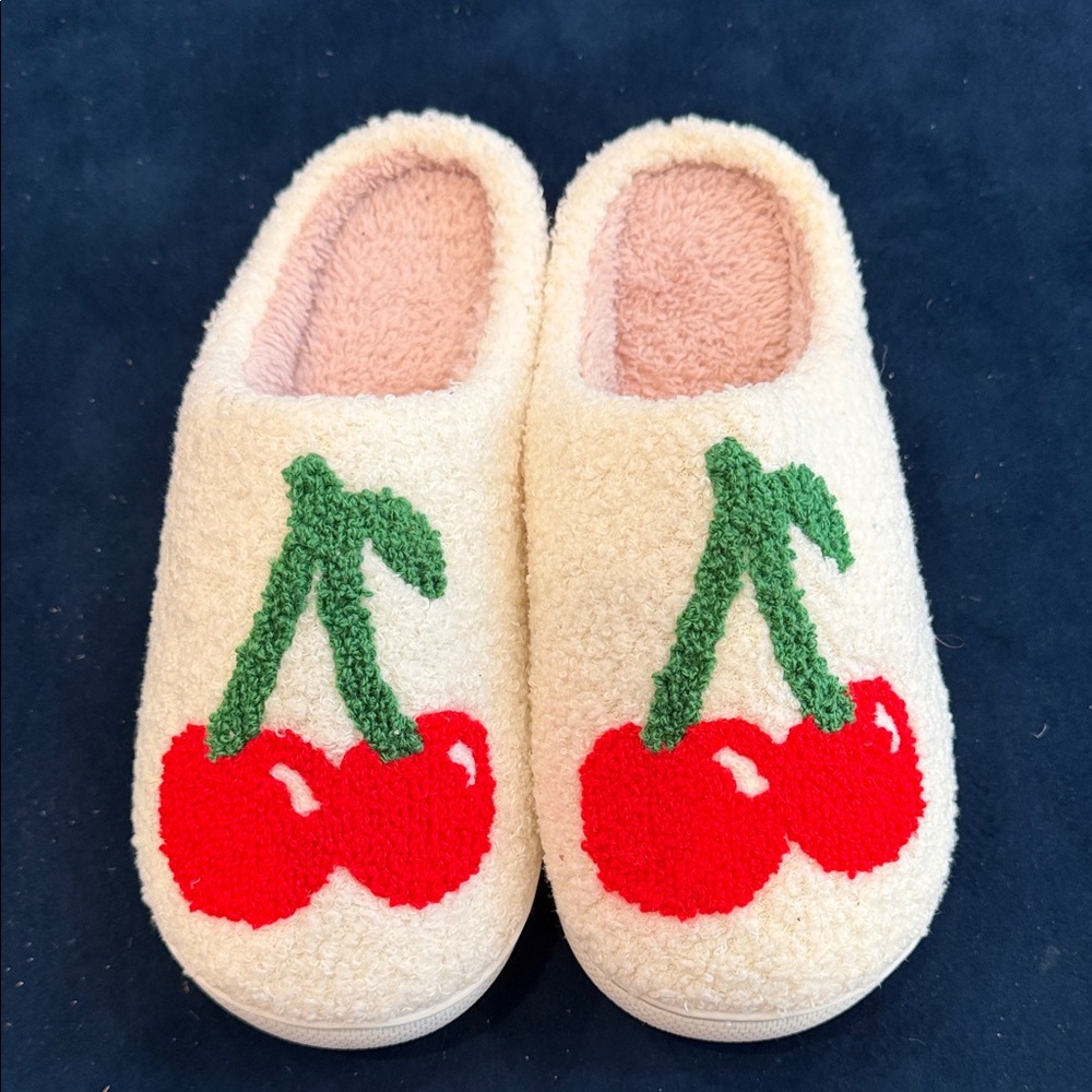Kids Cream Cherry Slippers - Plush Cozy Indoor Shoes